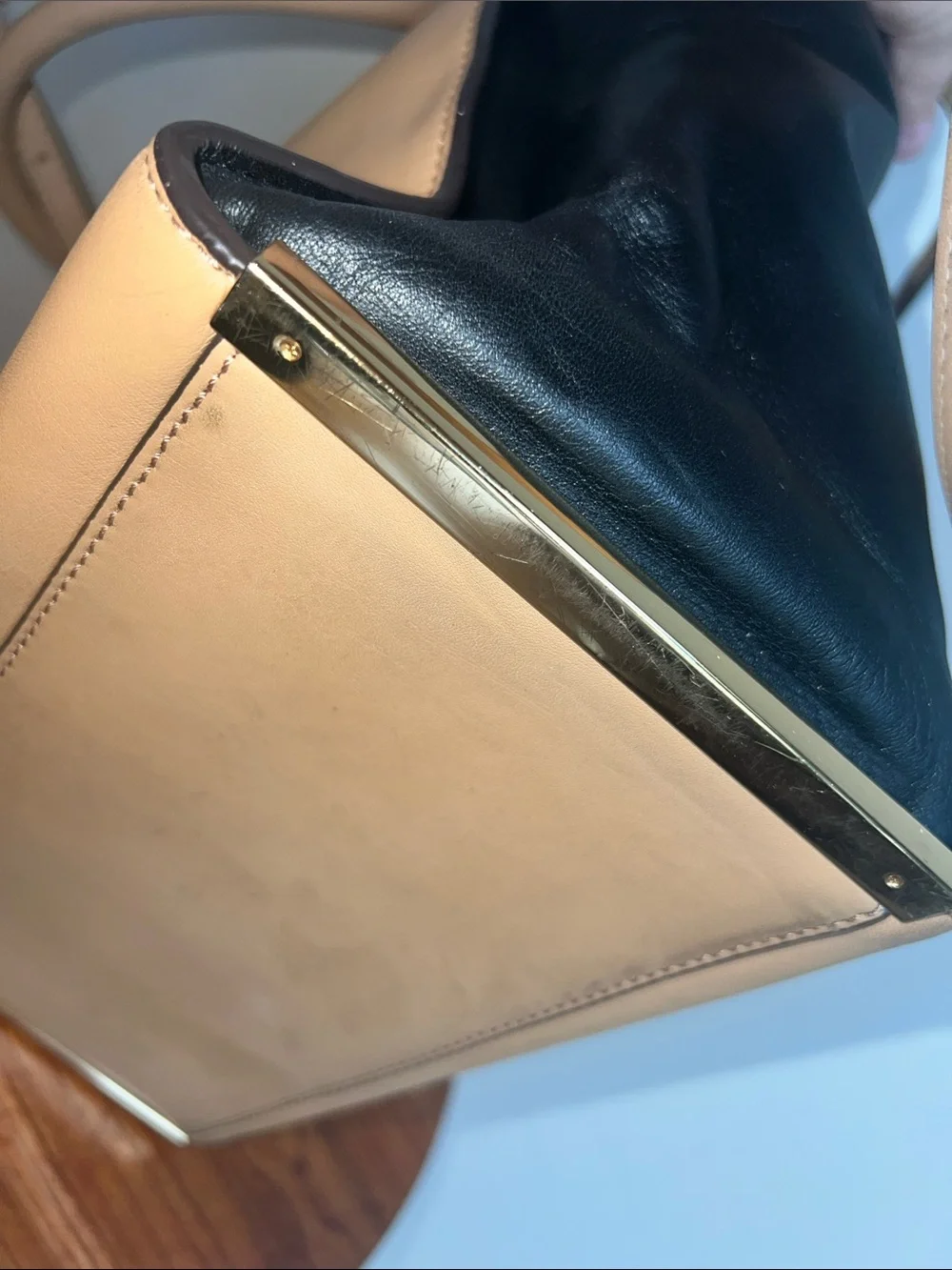 Michael Kors Two-Tone Tan & Black Leather Satchel with Gold Hardware